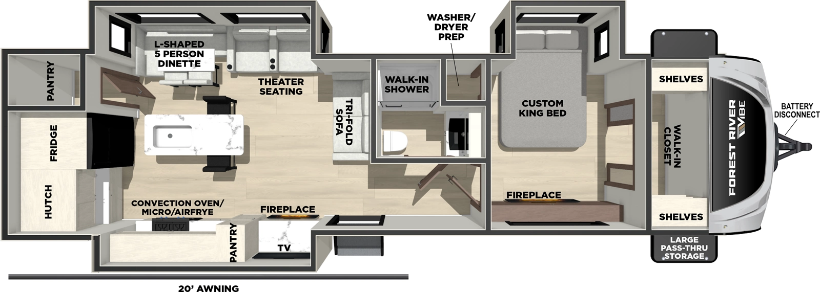 The Vibe 3400XL floorplan has one entry and three slide outs. Exterior features include: fiberglass exterior and 20' awning. Interiors features include: kitchen island and front bedroom.